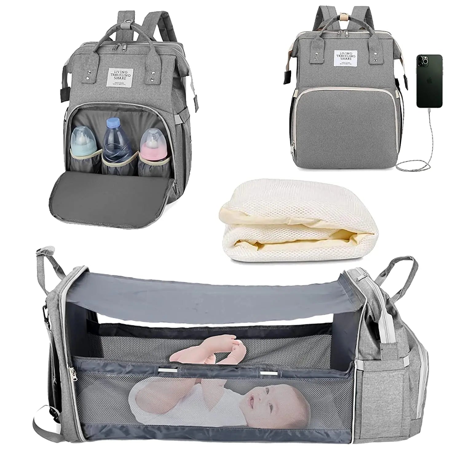 3-in-1 Baby Bag – Backpack, Bed & USB charging