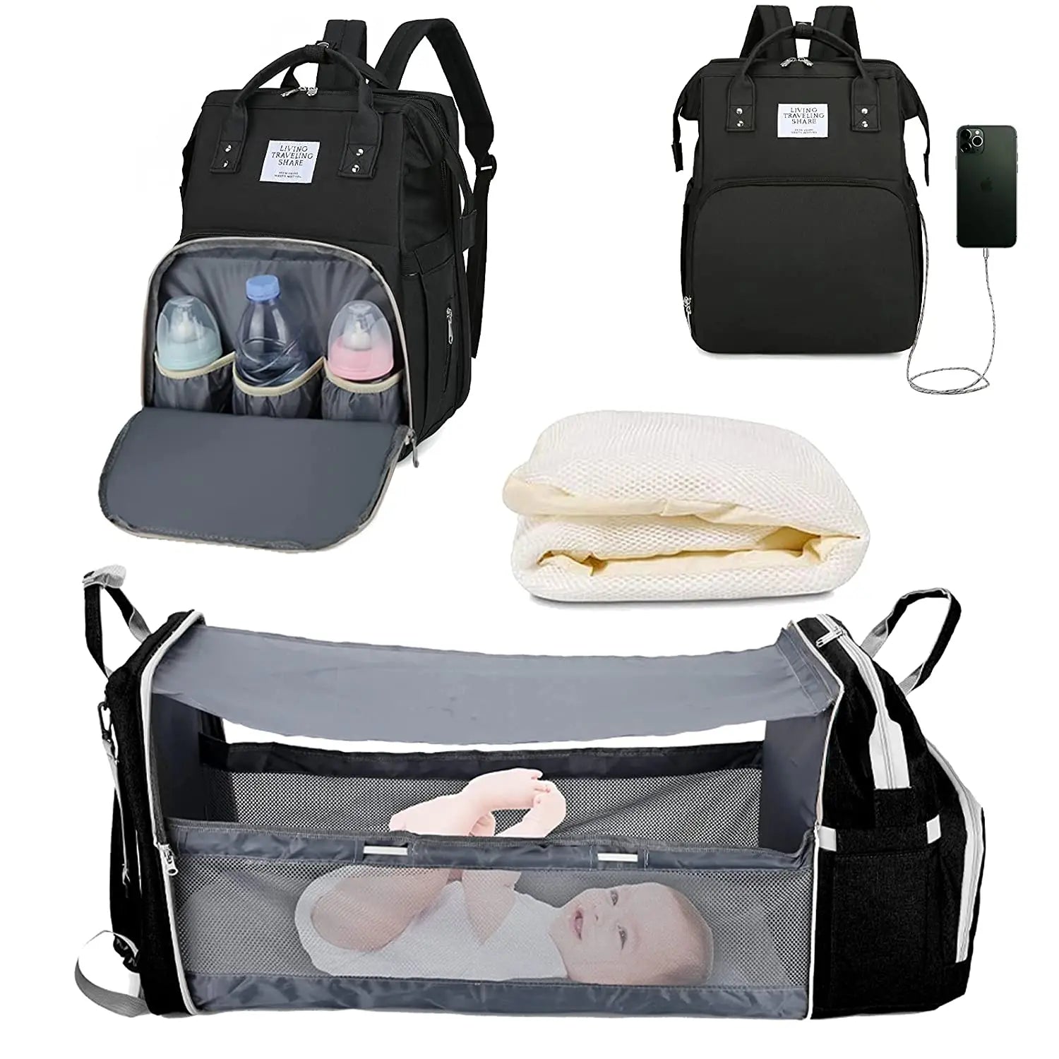 3-in-1 Baby Bag – Backpack, Bed & USB charging